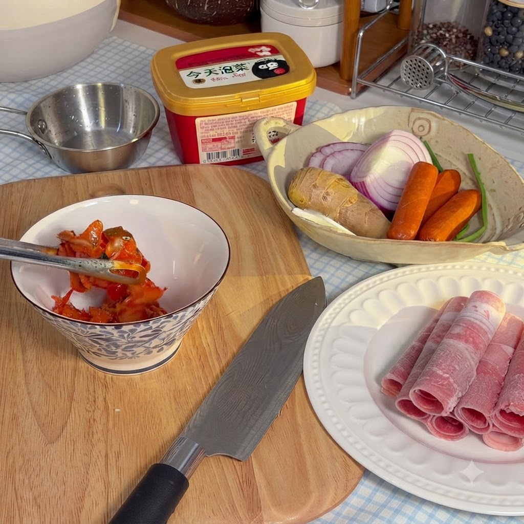 Trozos de kimchi siendo cortados con tijeras de cocina dentro de un bol de cerámica con patrones.