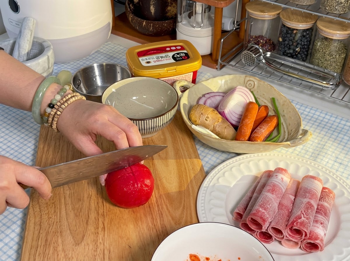 Un tomate rojo siendo cortado con un cuchillo en una tabla de cortar de madera junto a un plato de ternera en rodajas.