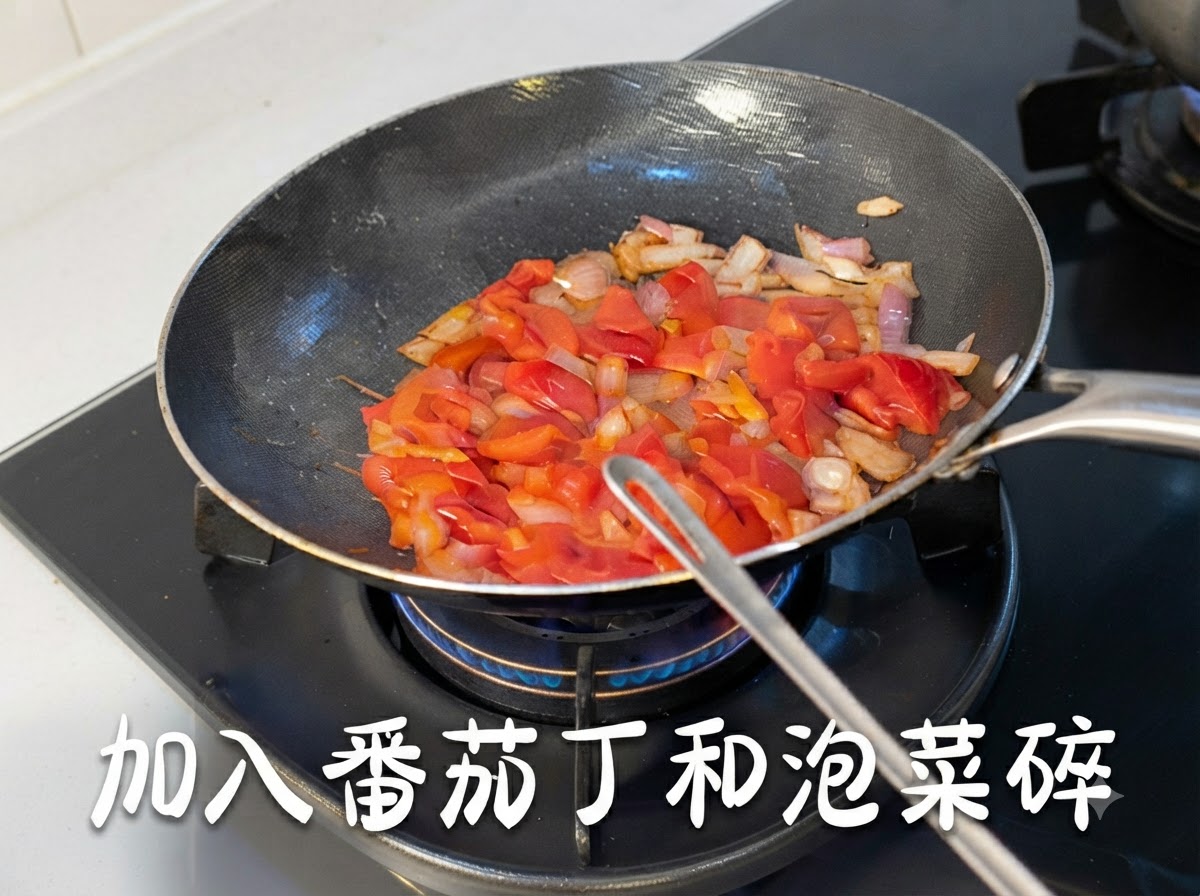 Tomates en dados y kimchi picado siendo salteados con cebollas en una sartén.