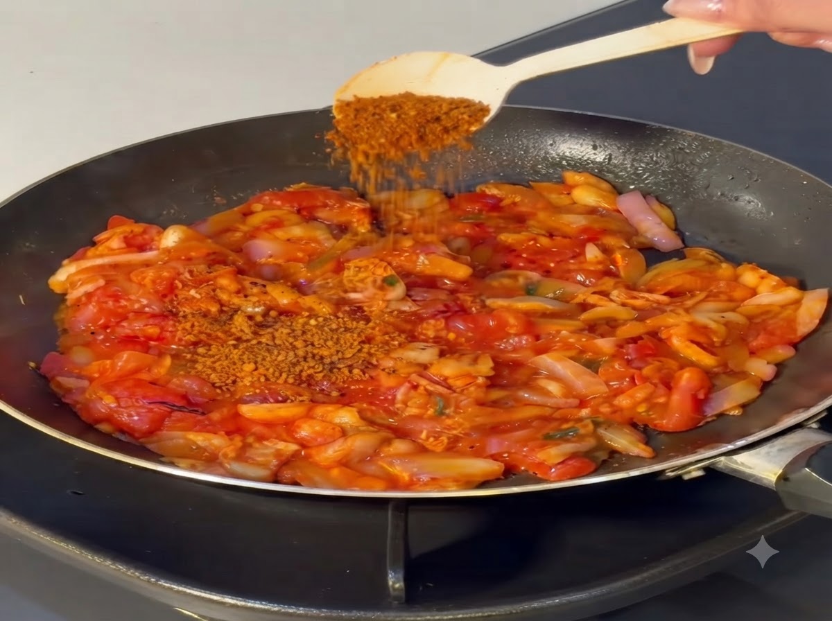 Una cucharada de chile en polvo siendo espolvoreada sobre la mezcla de tomate y cebolla.