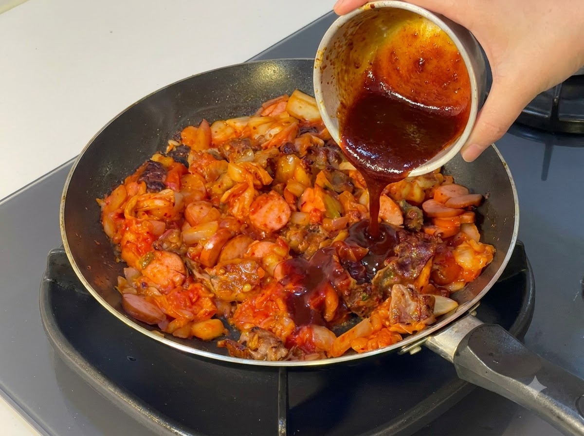 Salsa oscura preparada siendo vertida desde un bol pequeño a la sartén.