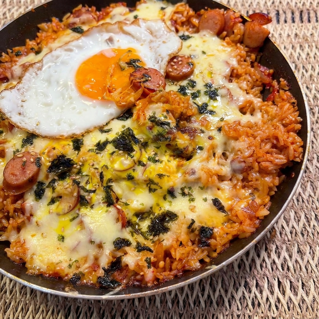 Una capa de queso procesado y queso mozzarella rallado siendo esparcida generosamente sobre la parte superior de un estofado de arroz con kimchi en una sartén.