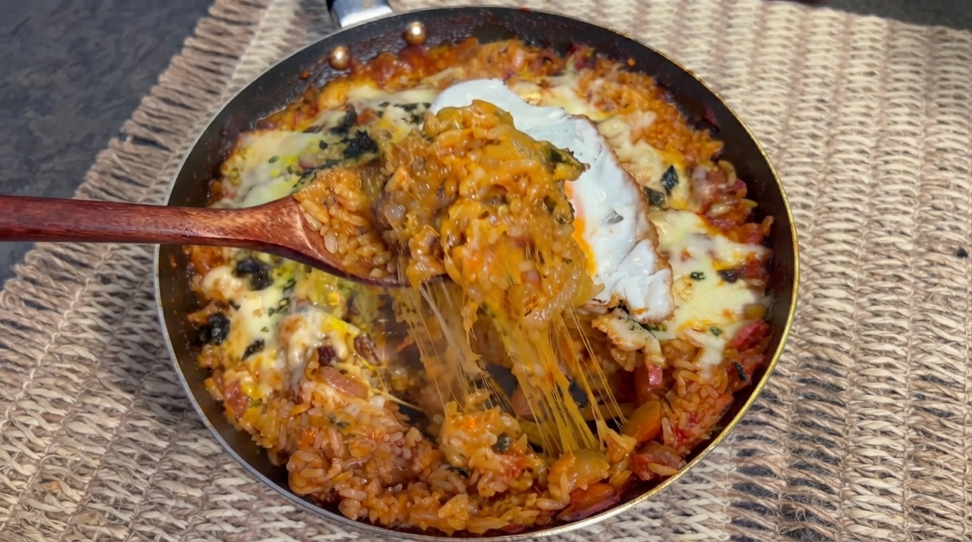 Una sartén terminada de estofado de arroz con kimchi, ternera y queso cubierta con un huevo frito, queso fundido y algas, con una cuchara de madera levantando una porción llena de queso