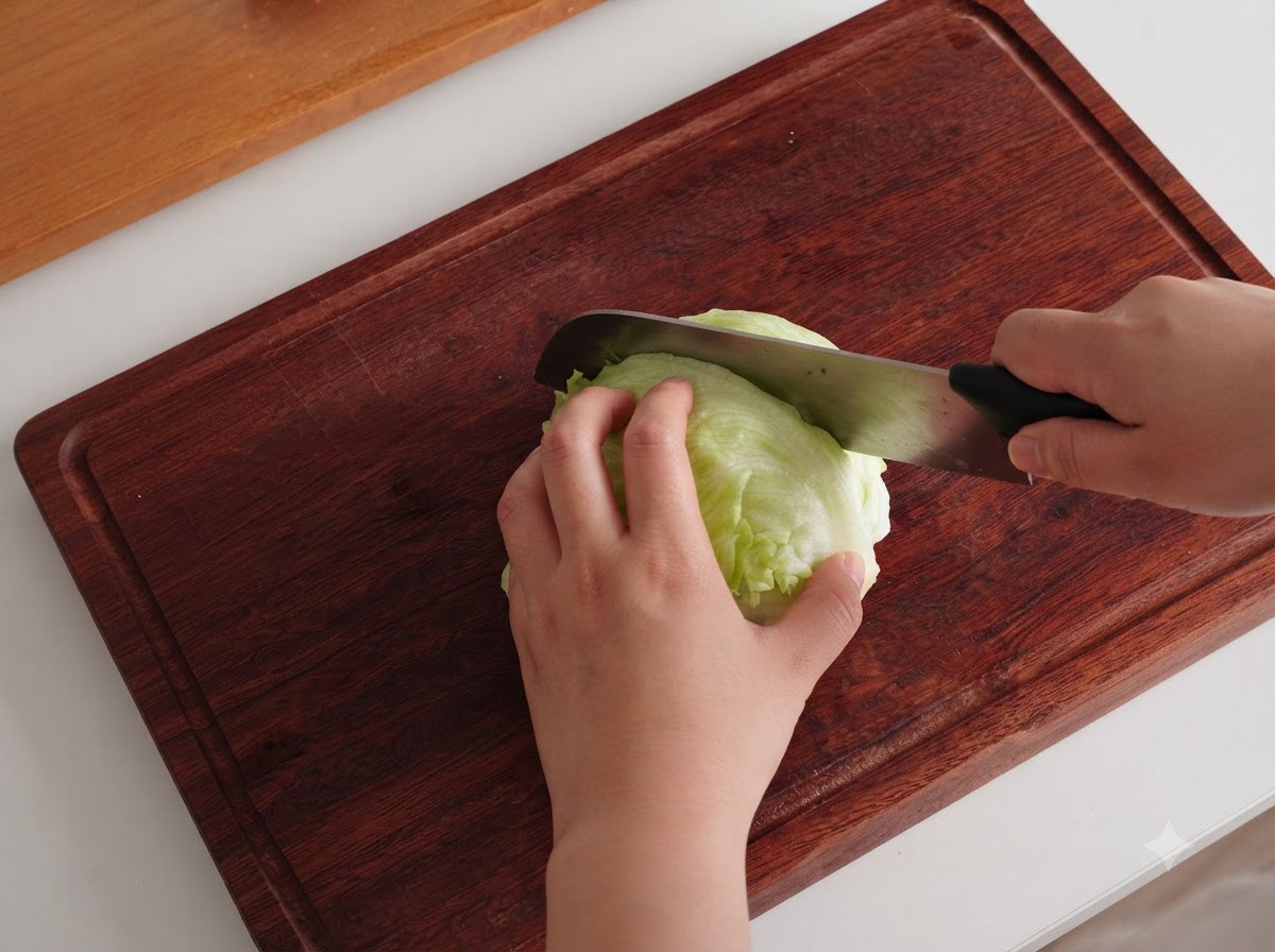 Una cebolla, champiñones y cebolleta cortándose en una tabla de cortar de madera con un cuchillo.