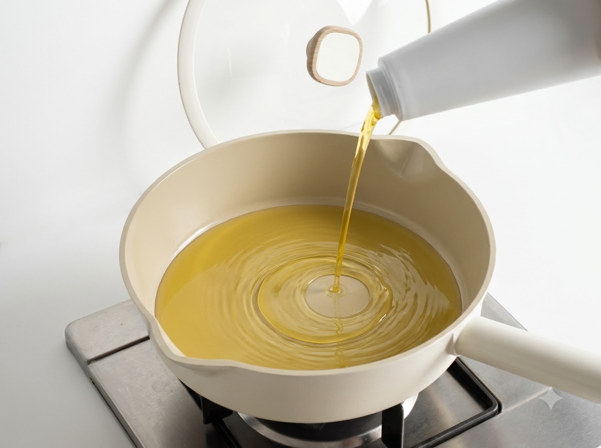 Cebolla y cebolleta cortadas sofriéndose en aceite dentro de una sartén de color claro.