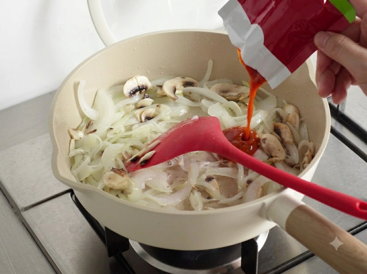 Kimchi envasado vertiéndose en la sartén junto con las verduras.