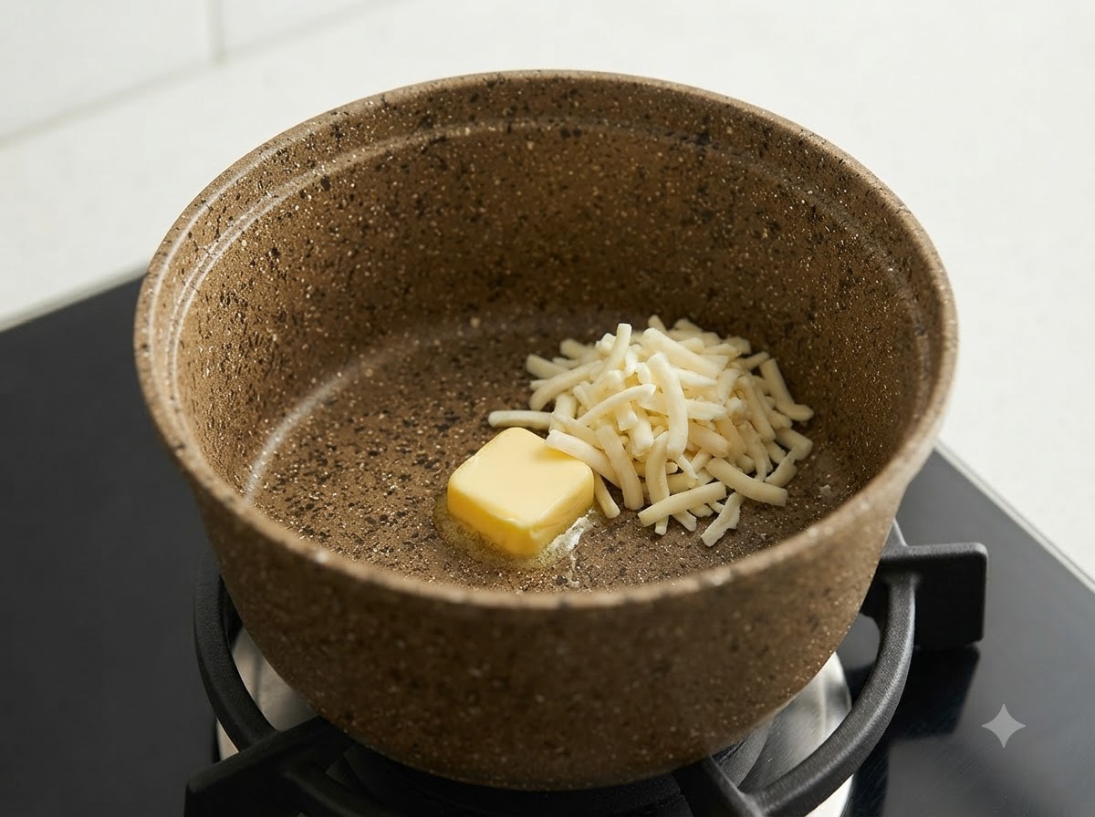 Mantequilla derritiéndose en una olla separada con queso mozzarella rallado añadido para fundir.