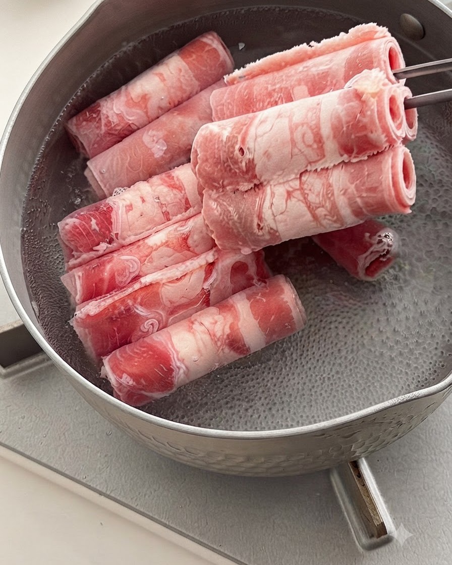 Rollitos de carne de res cruda o congelada siendo añadidos a una olla con agua hirviendo usando palillos de metal.