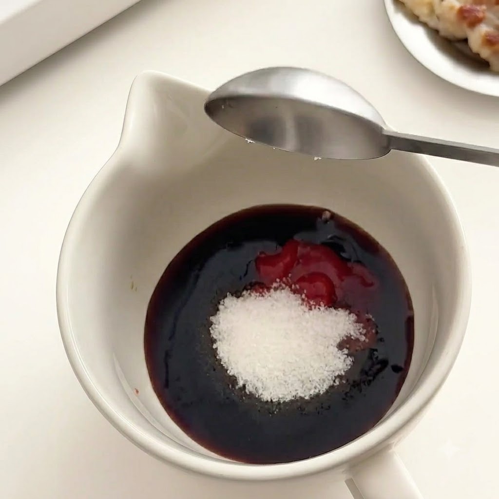 Una cucharada de pasta espesa de chile rojo coreano y azúcar blanca siendo añadida al tazón de la salsa.