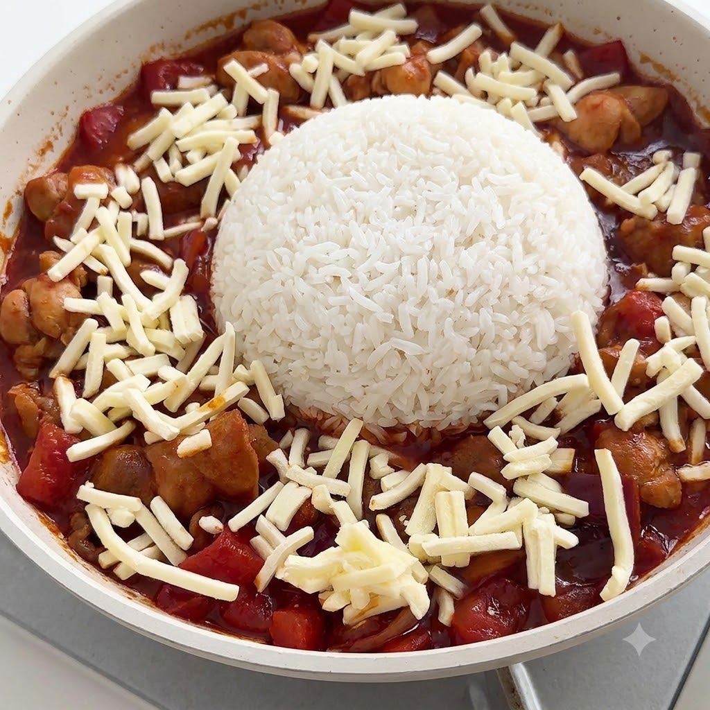 Queso mozzarella rallado esparcido uniformemente alrededor de una cúpula central de arroz blanco en una sartén con salsa roja.