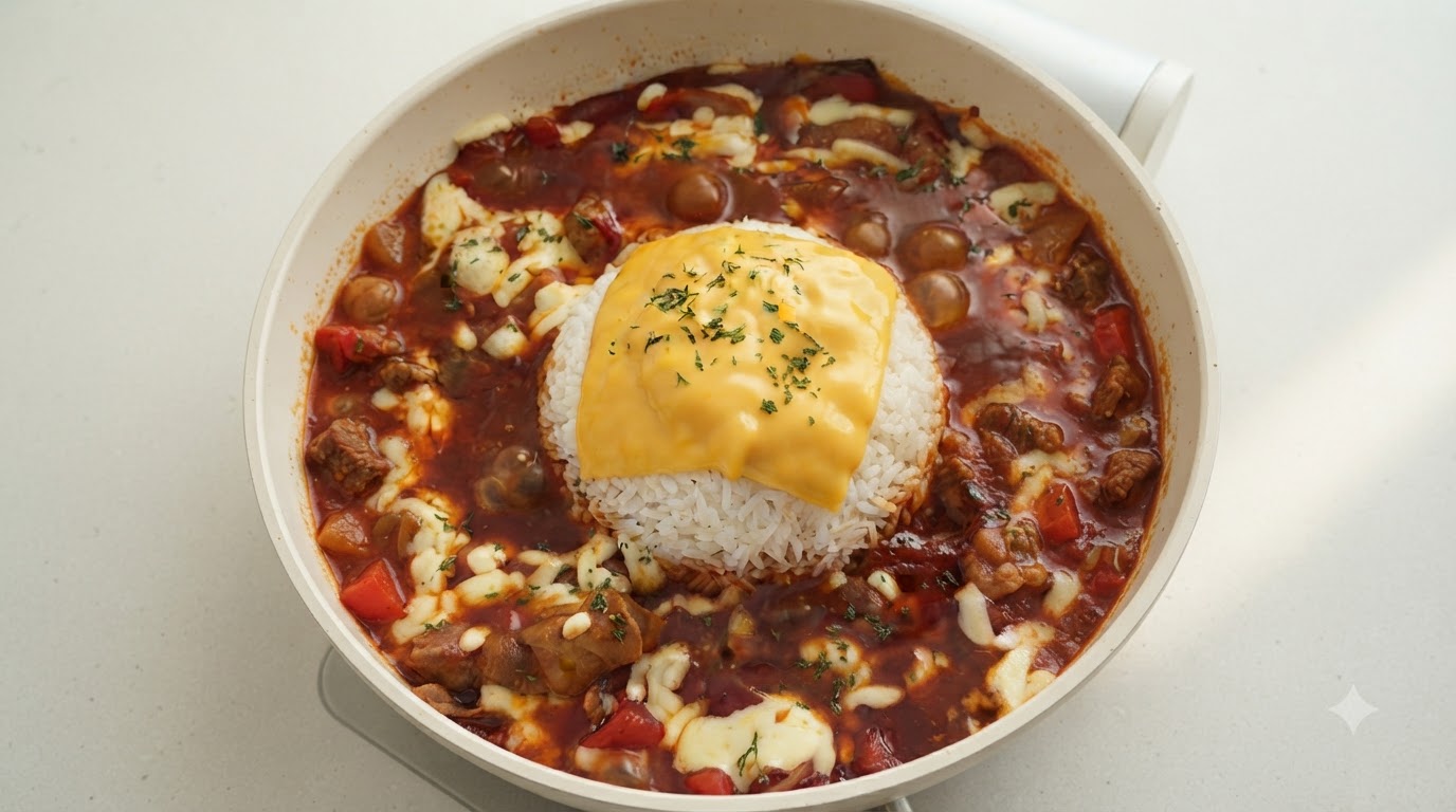 Una sartén vibrante con salsa de tomate y carne burbujeante rodeando un montículo de arroz blanco cubierto con queso derretido.