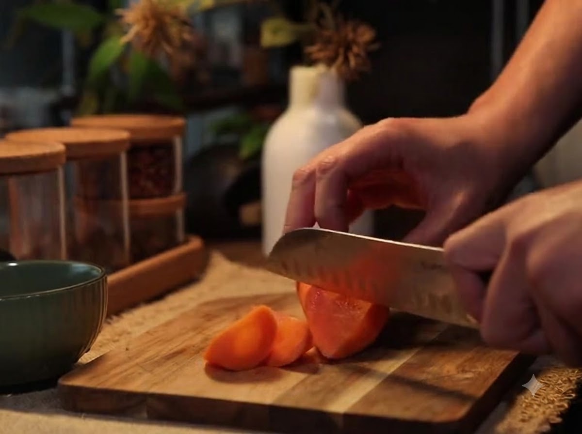 Un cuchillo de cocina cortando una zanahoria fresca en trozos diagonales gruesos sobre una tabla de cortar de madera.