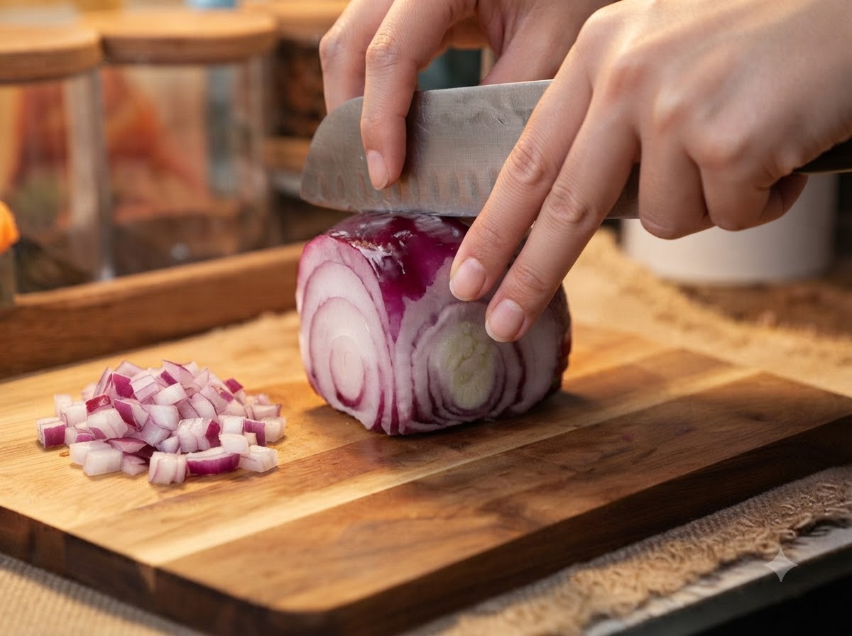 Manos usando un cuchillo de cocinero para picar una cebolla roja en una tabla de cortar de madera.