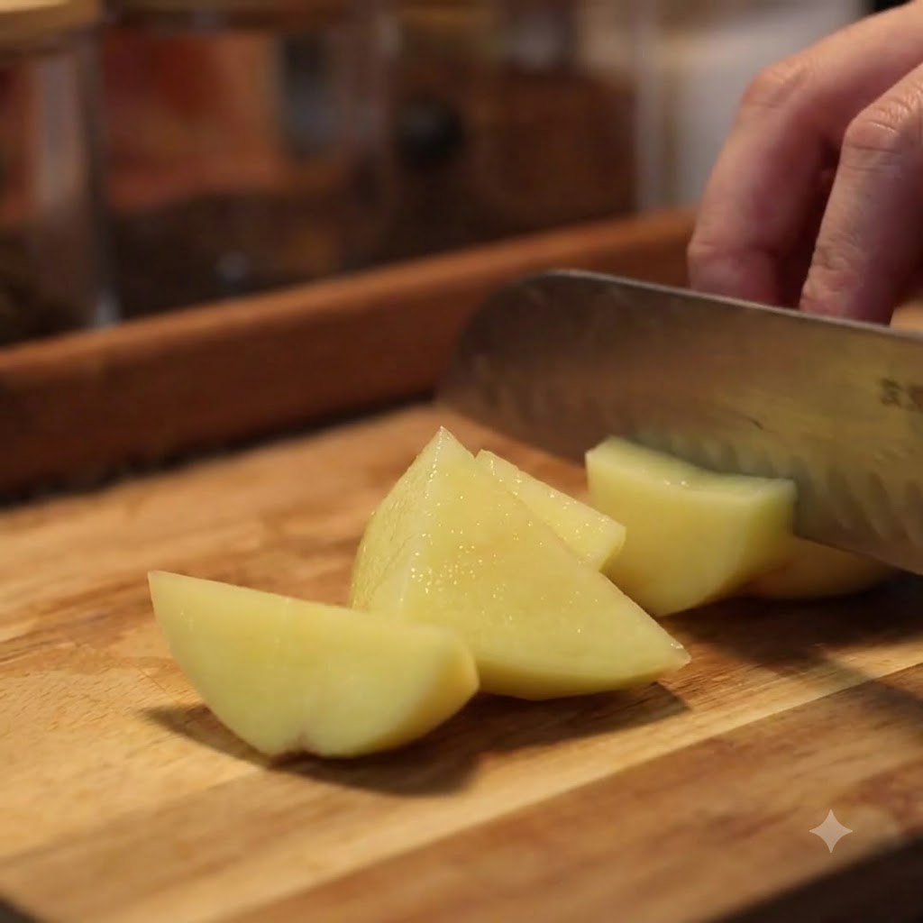 Un cuchillo cortando patatas peladas en gajos grandes sobre una tabla de madera.