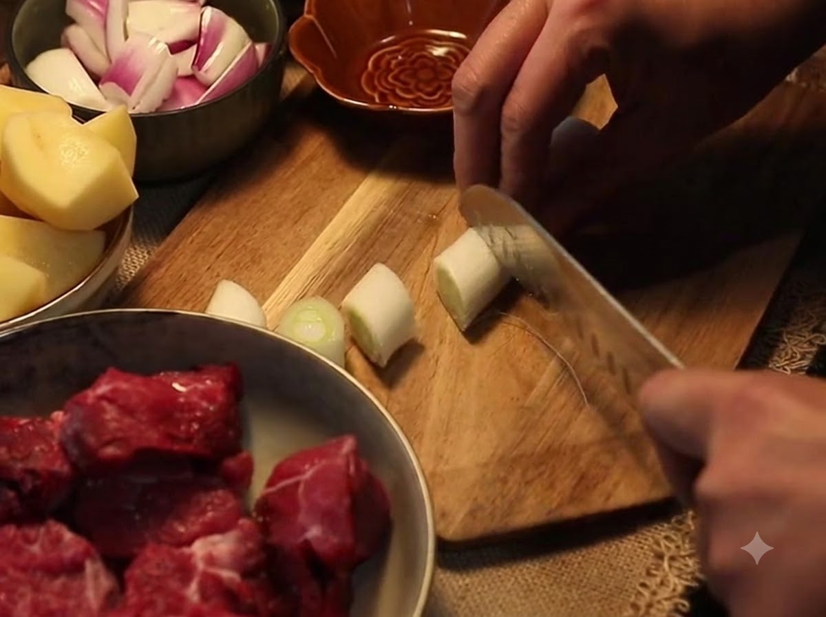 Un cuchillo cortando una cebolleta en rodajas gruesas sobre una tabla de cortar de madera al lado de boles con verduras preparadas y ternera cruda.