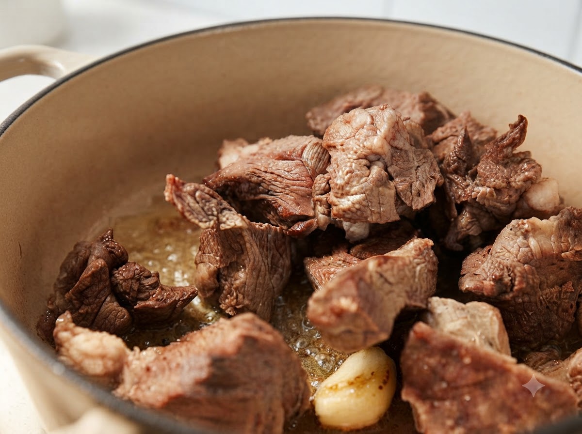 Trozos de ternera salteándose con ajo en una olla hasta dorarse.