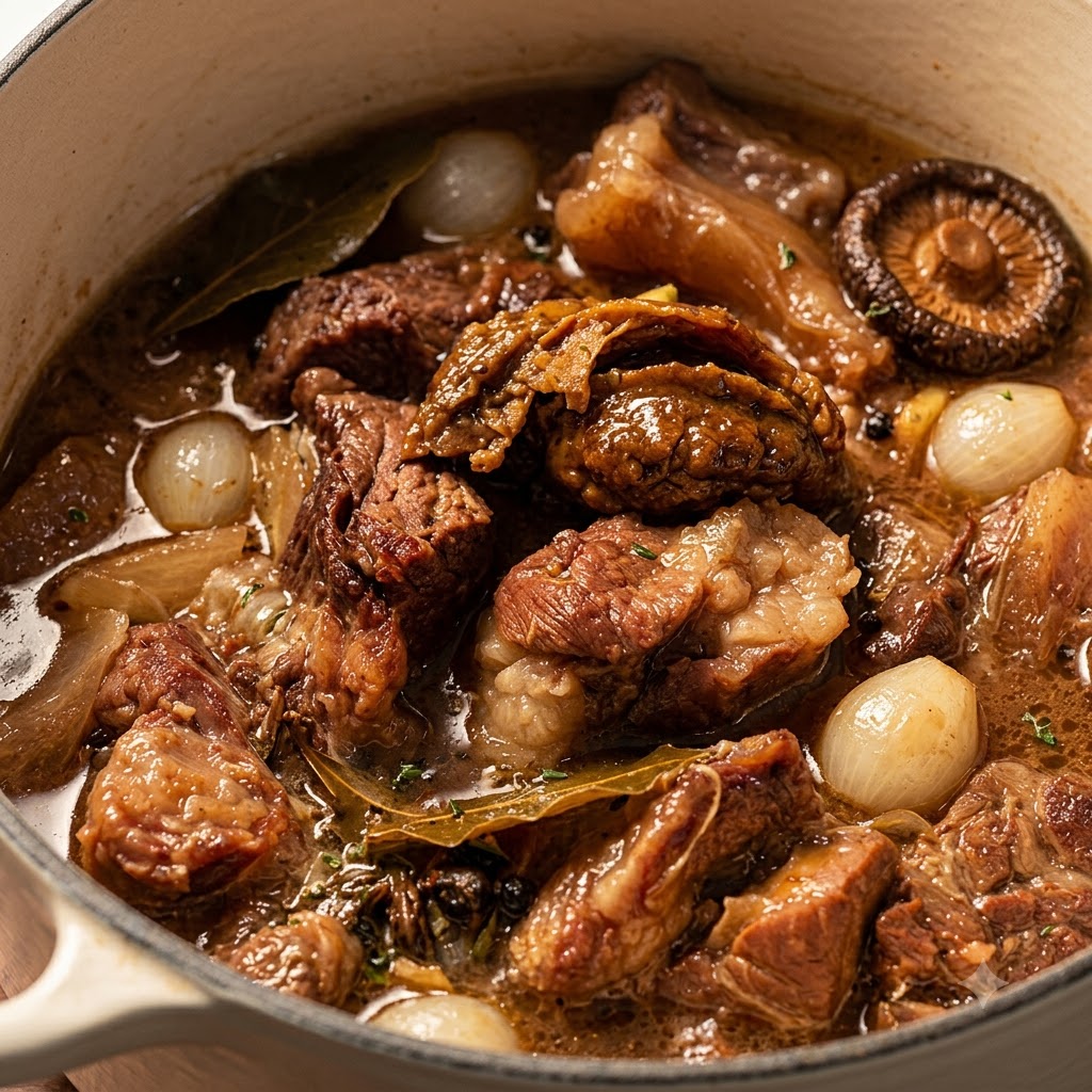 Pasta de curry espesa siendo añadida a una olla de falda de ternera cocida y cebollas en caldo.