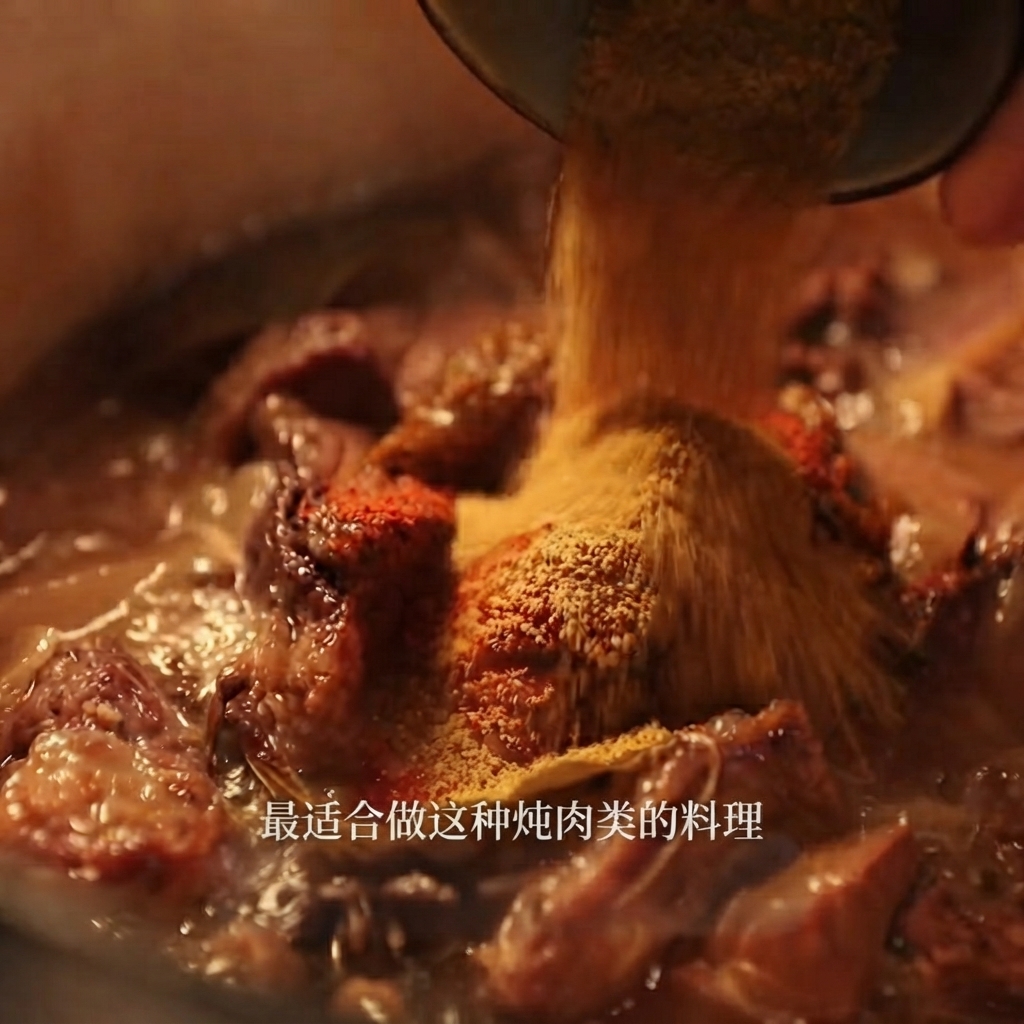 Polvo de curry y chile en polvo siendo vertidos desde un bol pequeño en el estofado.