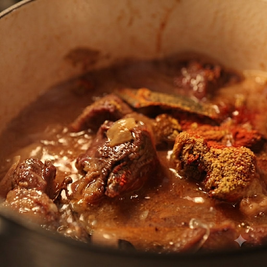 Kétchup de tomate mezclado en el caldo burbujeante de curry y ternera.