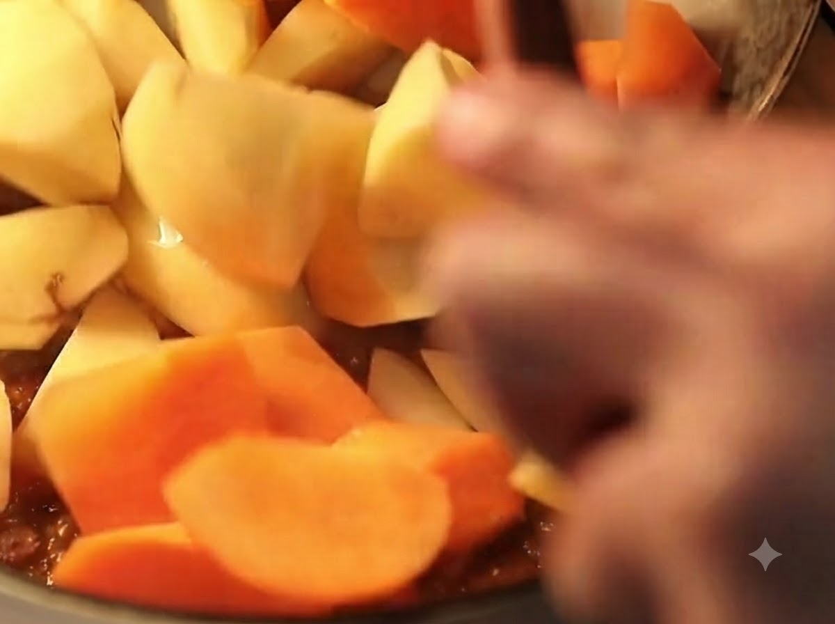 Trozos de patatas peladas y zanahorias siendo añadidos a la olla de curry de ternera.