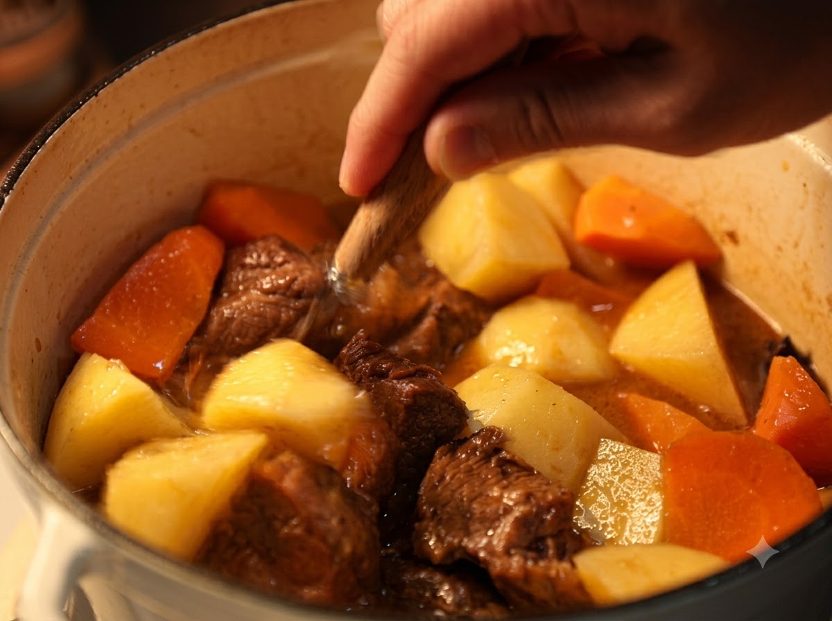 Una persona removiendo grandes trozos de zanahorias y patatas en una olla de curry de ternera.