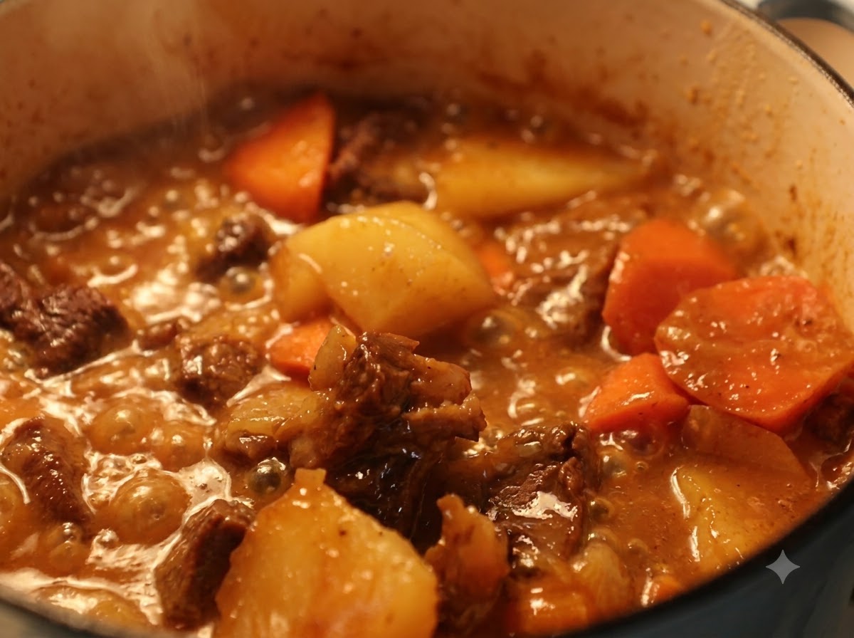 Una olla burbujeante de curry espeso de ternera y verduras cocinándose a fuego lento en la cocina.
