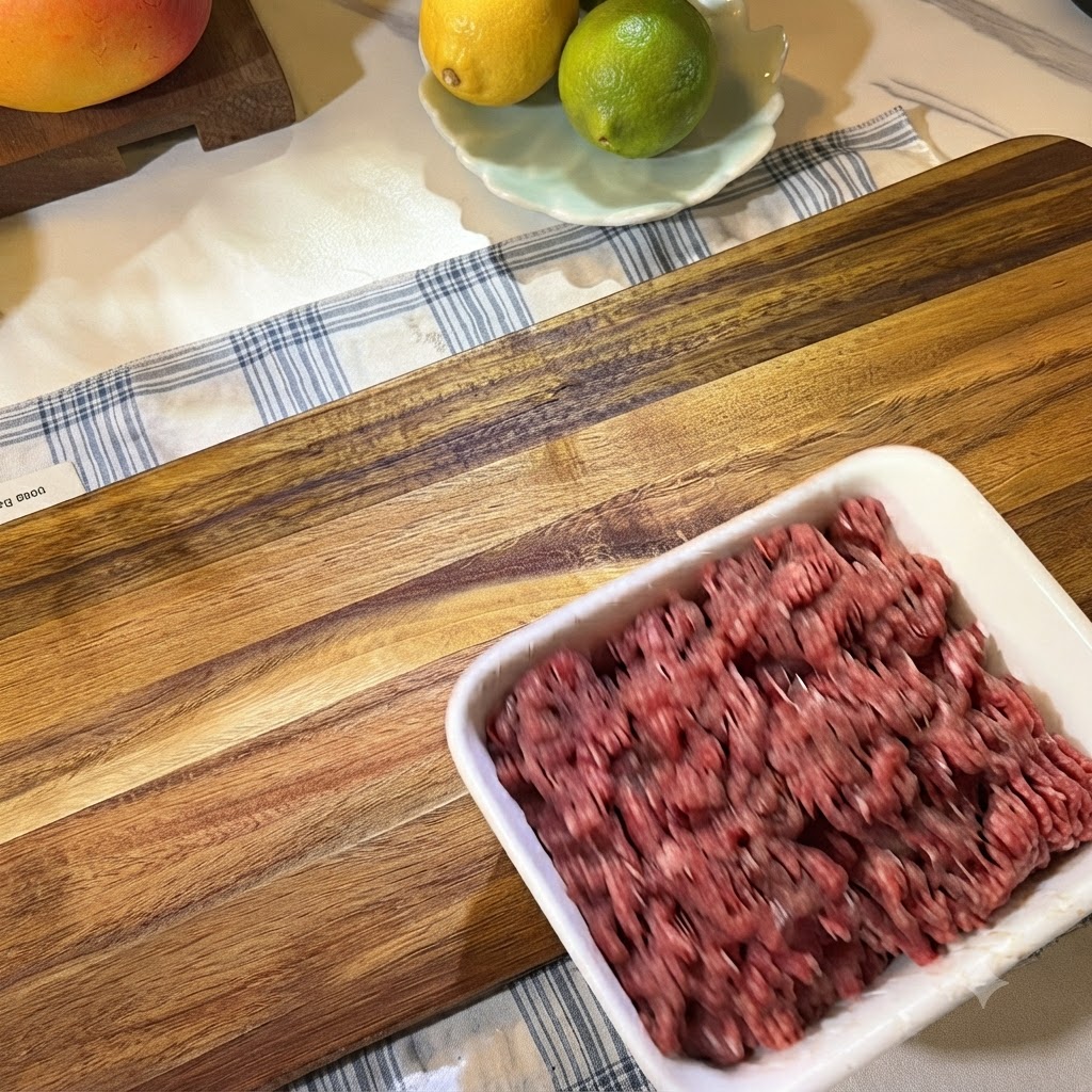 Carne molida cruda y fresca dentro de un recipiente blanco sentado en una tabla de cortar de madera junto a limones.