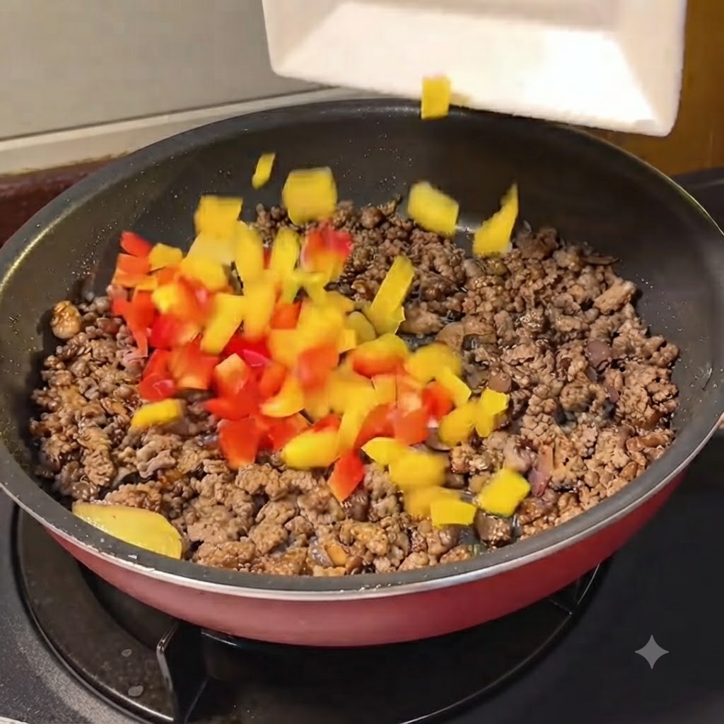 Pimientos rojos y amarillos en cubitos siendo vertidos desde un plato blanco a una sartén con carne molida cocida.
