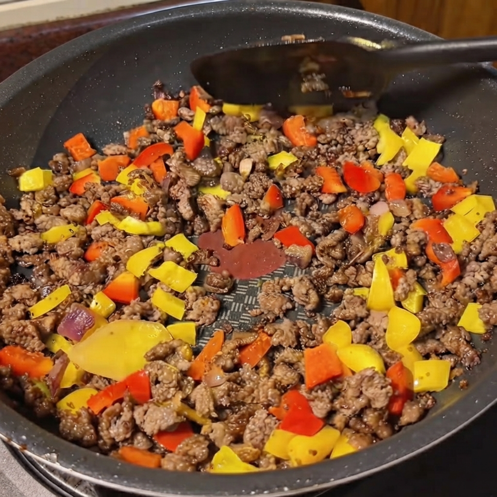 Salsa de curry amarillo siendo vertida desde un recipiente a una sartén llena de carne y verduras mixtas.