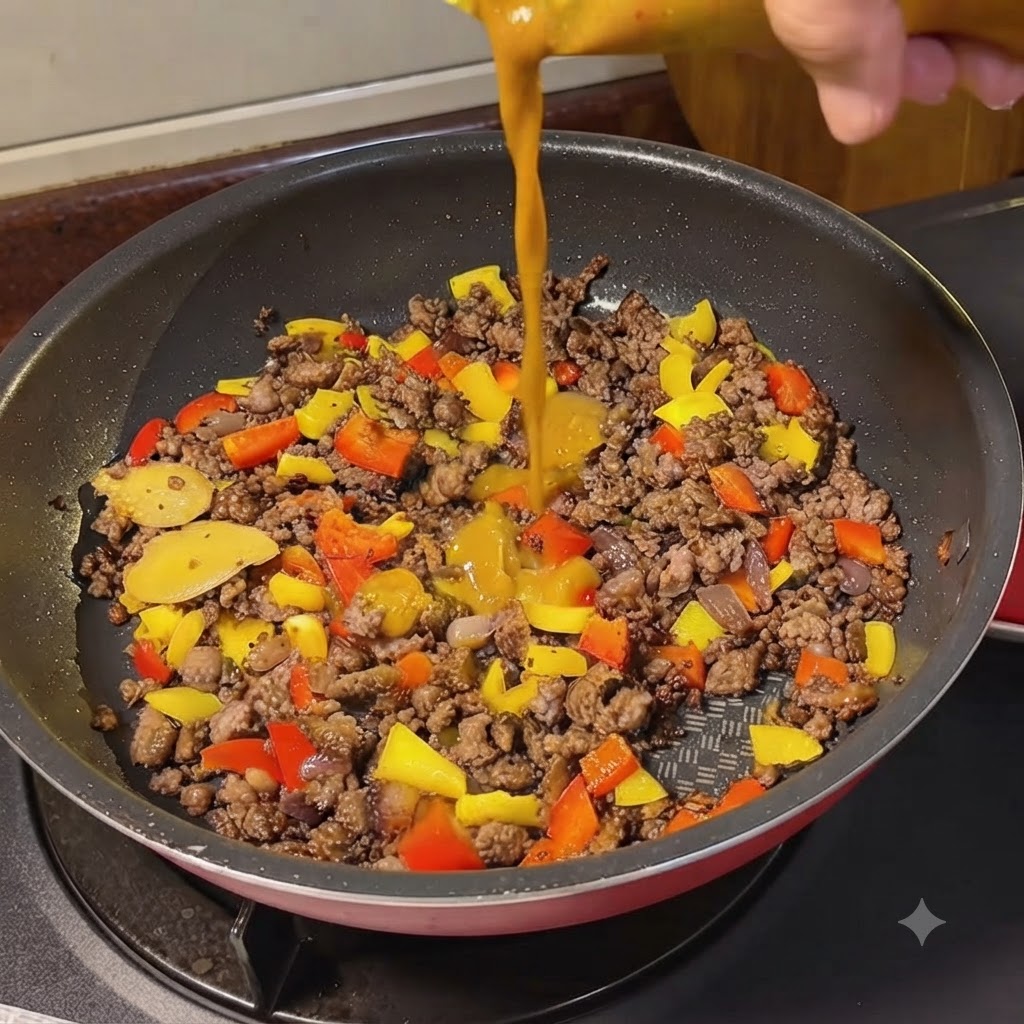 Agua caliente siendo vertida desde una tetera en una sartén de cocción llena de carne e ingredientes de curry.