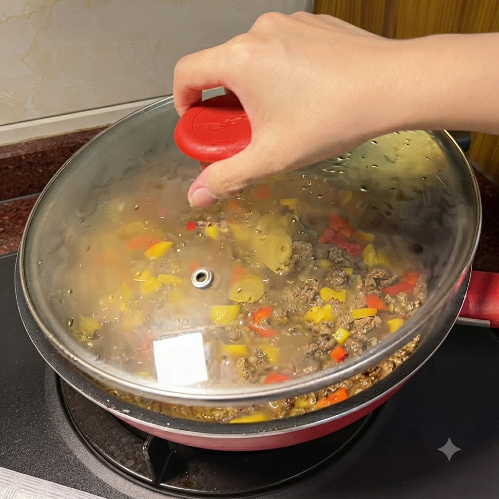 Lonchas de queso siendo colocadas sobre la mezcla de carne al curry a fuego lento dentro de una sartén tapada.