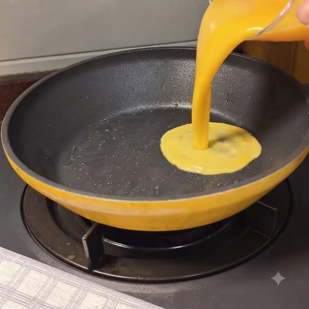 Huevos batidos siendo vertidos en una sartén calentada para crear una tortilla suave.