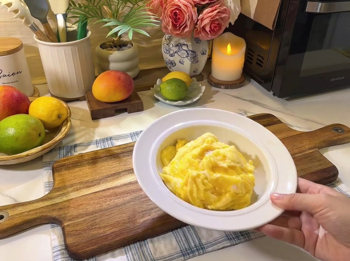 Un plato de huevos revueltos suaves descansando en una tabla de madera junto a frutas frescas y utensilios de cocina.