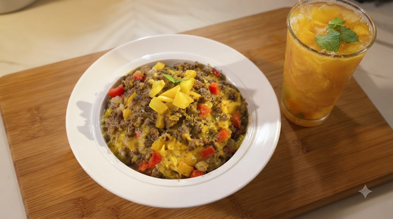 Tazón de Arroz con Carne al Curry y Queso y Té Oolong con Durazno