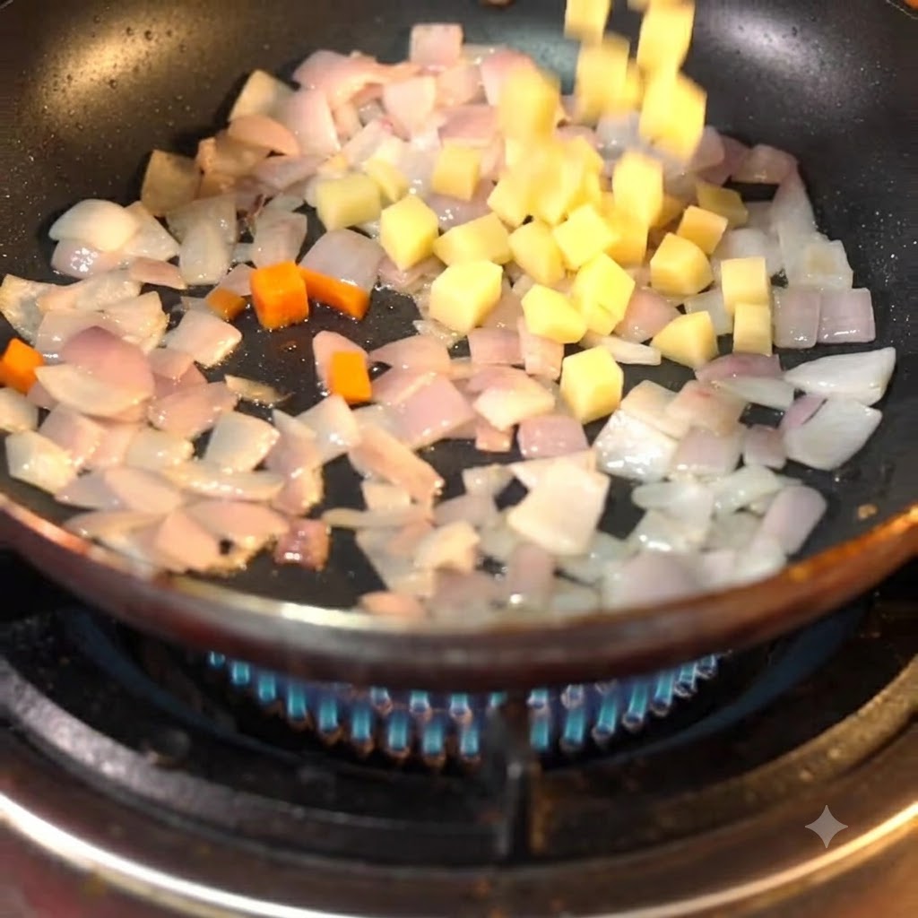 Patatas y zanahorias en dados añadidas a la sartén con cebollas sofritas.