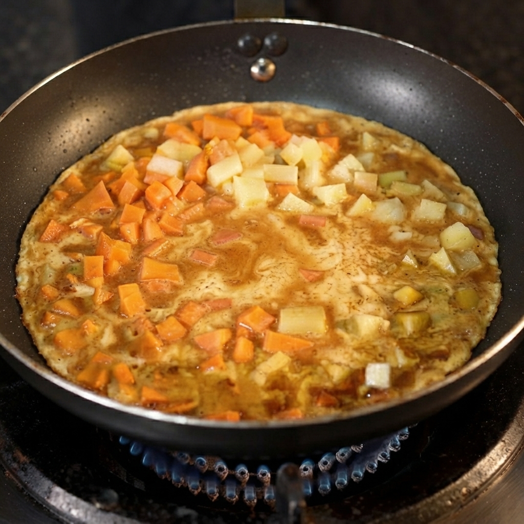 Agua clara añadida a la mezcla de la sartén que contiene verduras y leche.