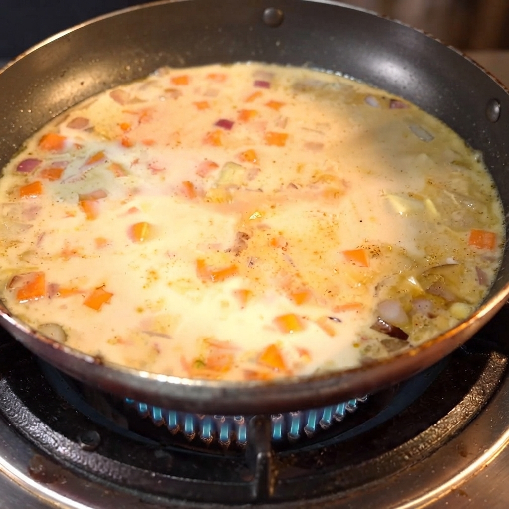 Pastillas de curry dentro de la mezcla líquida a fuego lento en la sartén.
