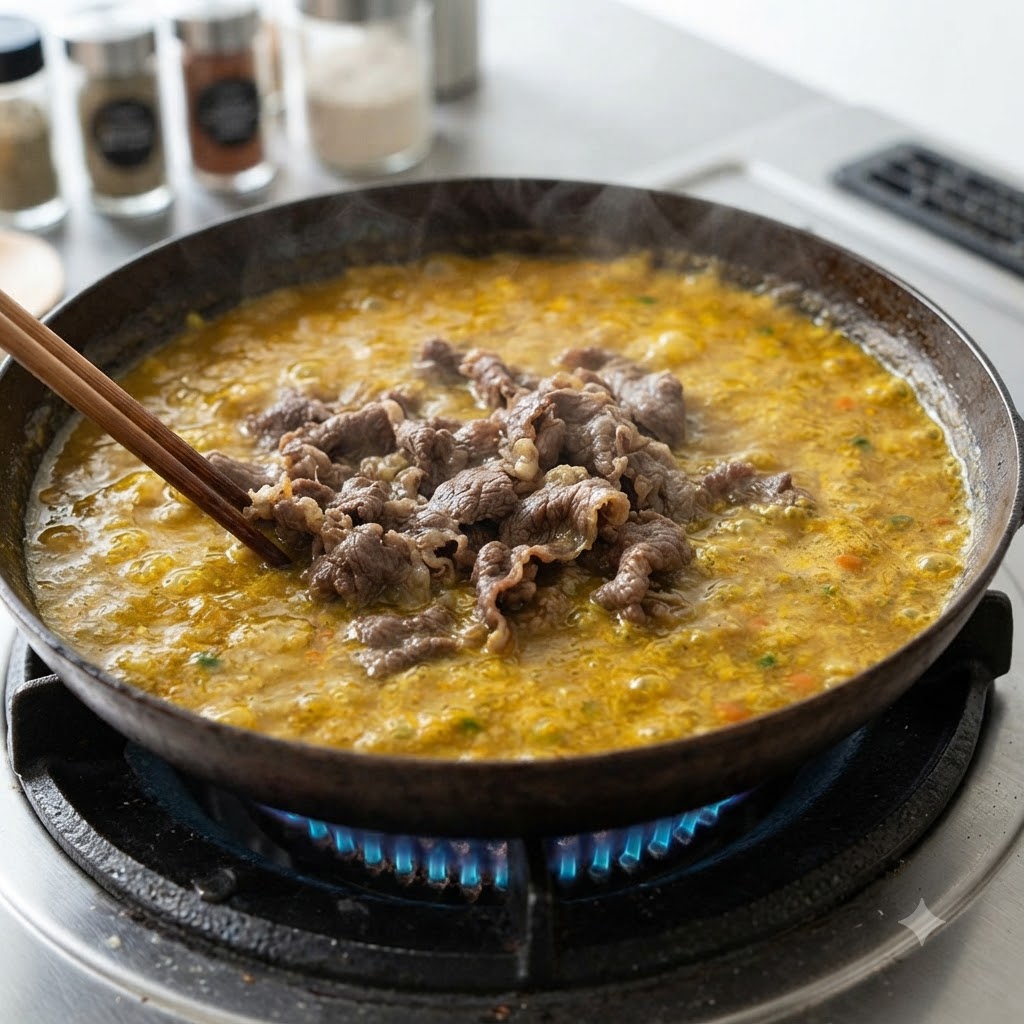 Trozos de ternera siendo mezclados con palillos dentro de una salsa de curry amarilla burbujeante en una sartén sobre un quemador de gas.