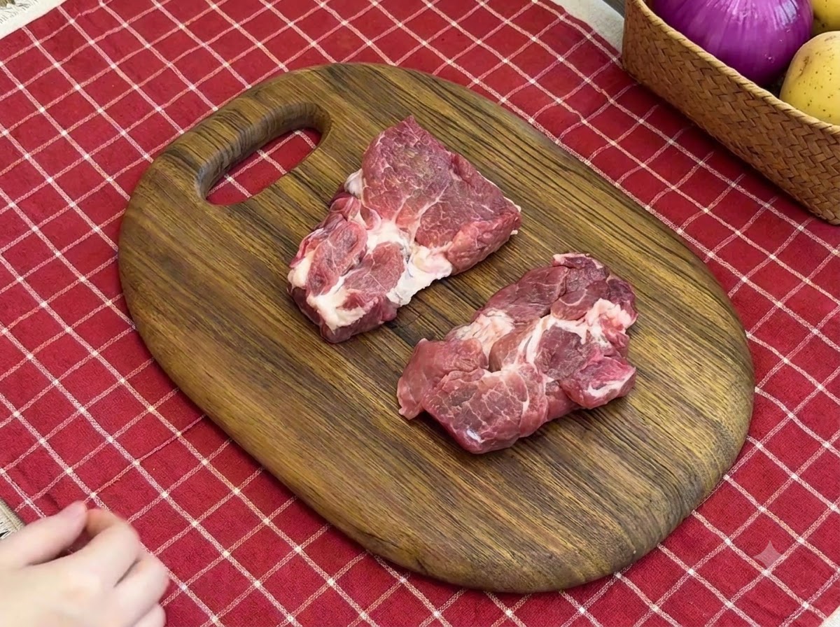 Dos chuletas de cerdo crudas en una tabla de cortar de madera, siendo preparadas con una herramienta afilada.