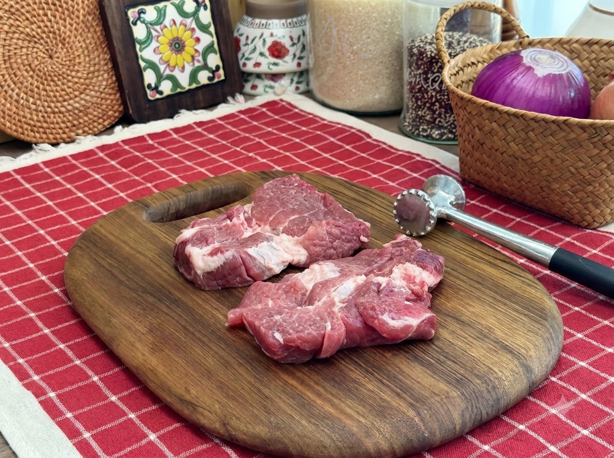 Un mazo para carne junto a dos chuletas de cerdo crudas ablandadas sobre una tabla de cortar de madera.
