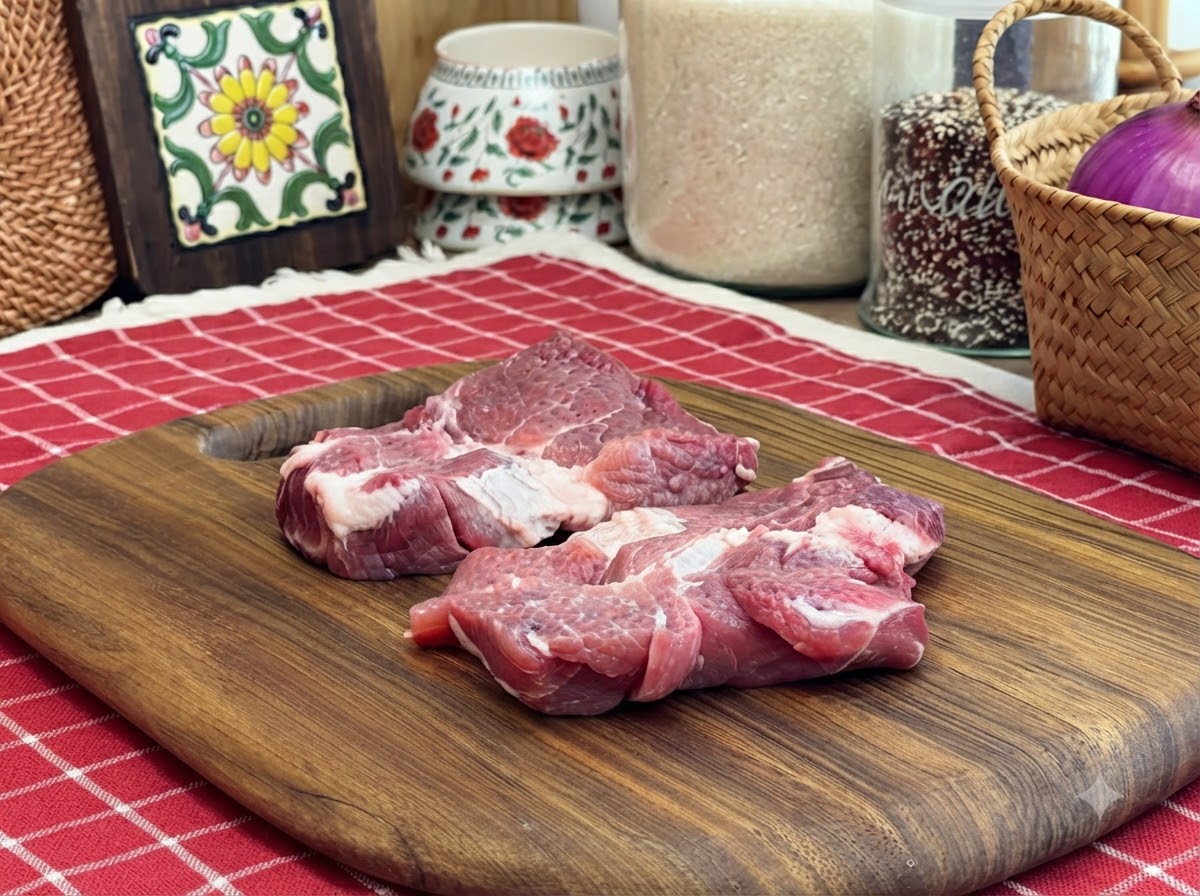Chuletas de cerdo crudas sazonadas reposando en una tabla de madera antes de marinar.