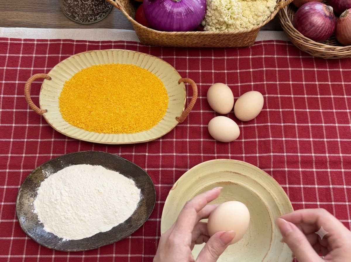 Platos que contienen harina, pan rallado y un tazón con huevos batidos dispuestos sobre un mantel a cuadros rojos.