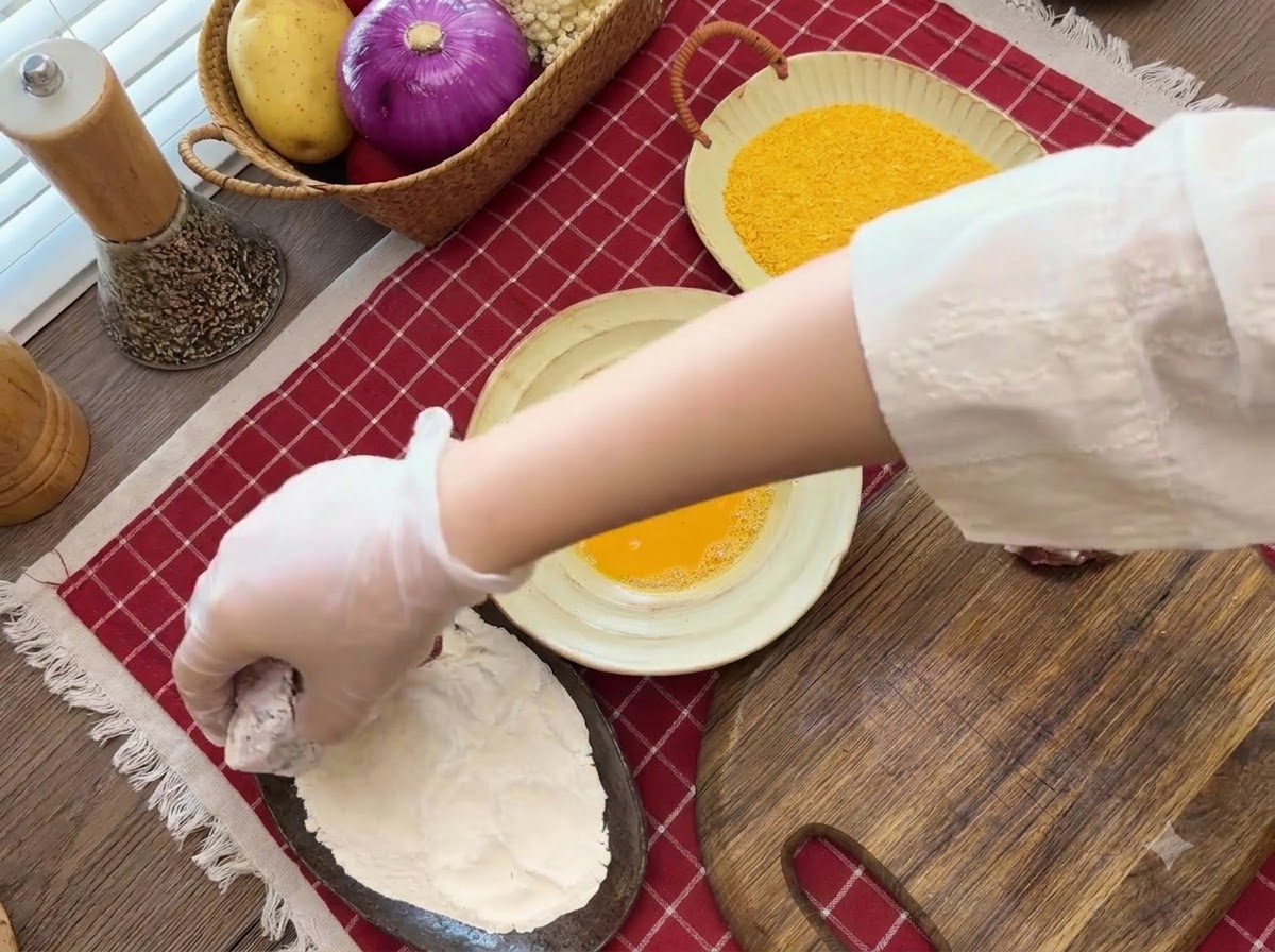 Una mano con guante cubriendo una pieza de carne con harina junto a tazones con huevo batido y pan rallado.