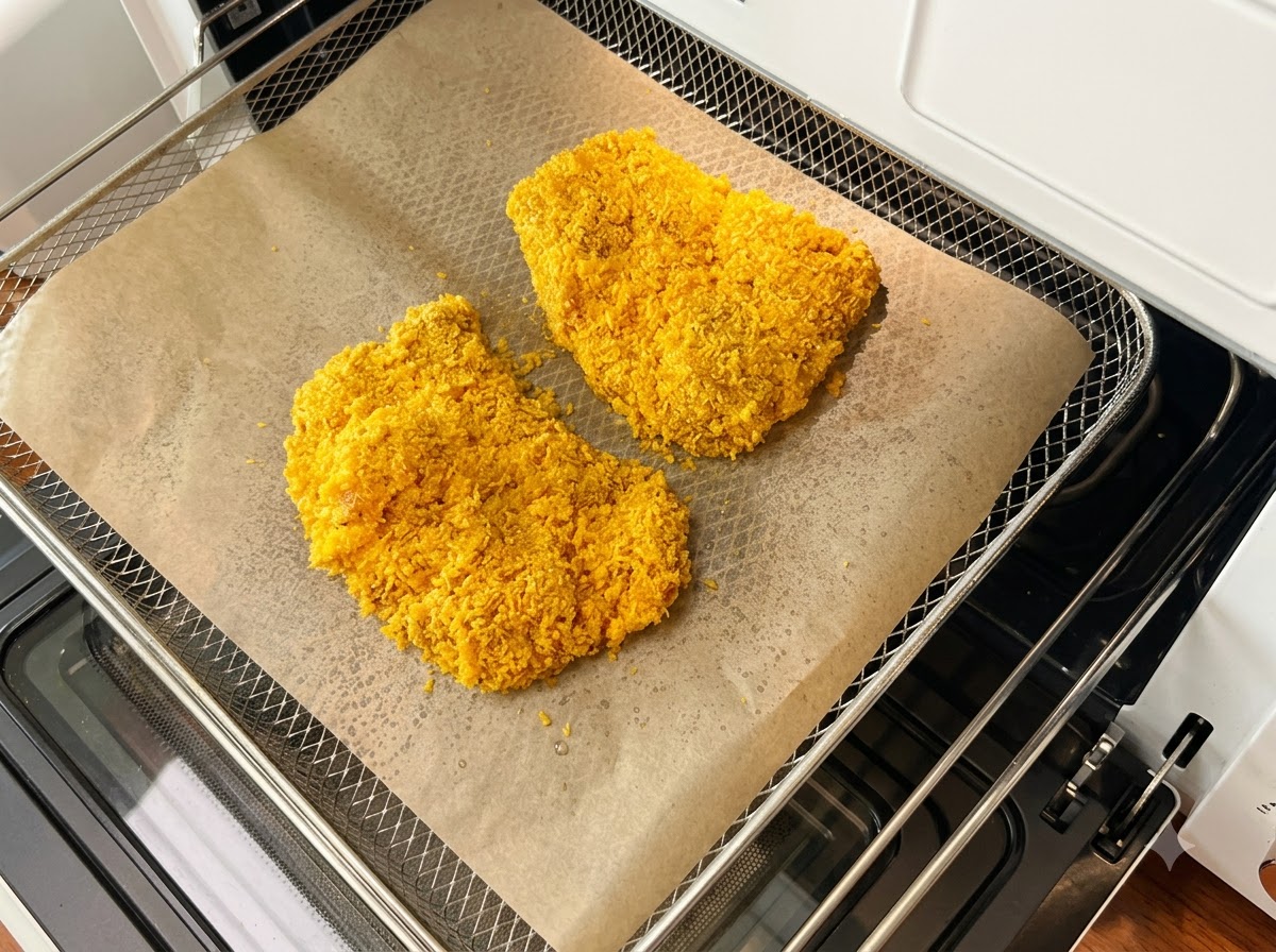 Chuletas de cerdo empanizadas dispuestas sobre papel pergamino dentro de una bandeja para hornear.