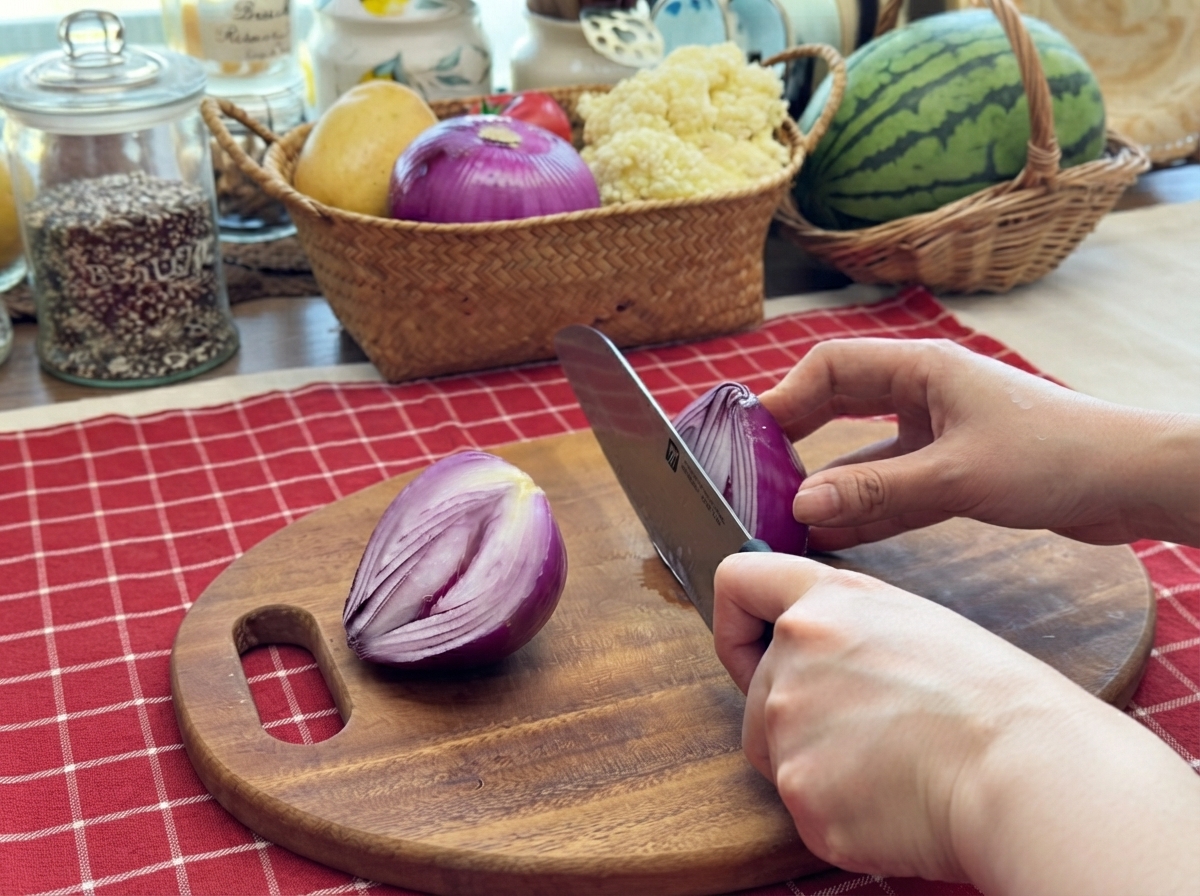 Cebolla roja siendo cortada y picada con un cuchillo de cocina afilado sobre una tabla de cortar de madera redonda.