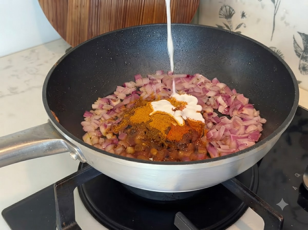 Leche de coco siendo vertida desde arriba en la sartén con especias de curry y cebollas.