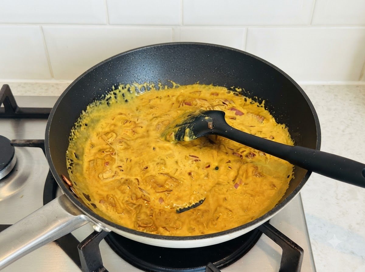 Rica salsa de curry amarillo siendo revuelta en una sartén oscura con una espátula de silicona negra.