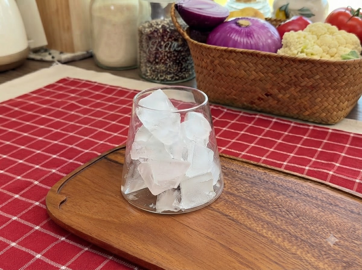 Cubitos de hielo llenando el fondo de un vaso de vidrio transparente sobre una bandeja de madera para servir.