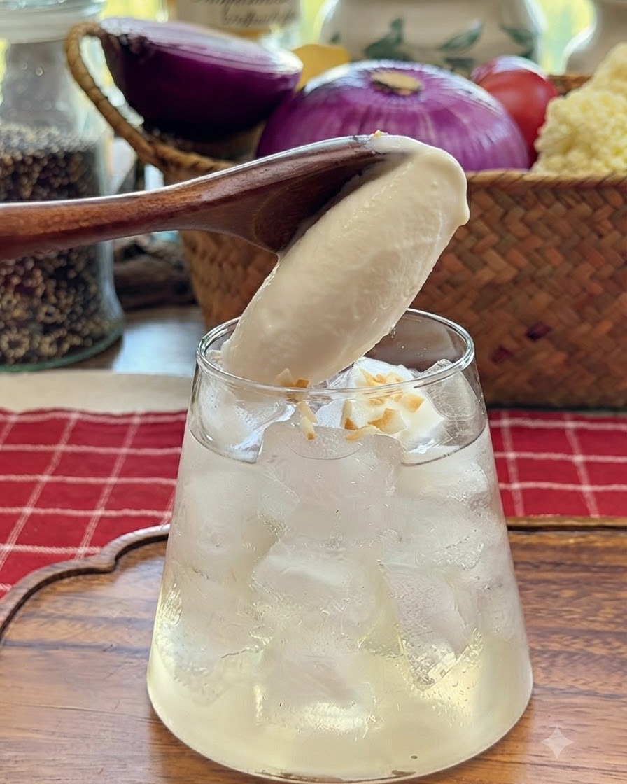 Una cuchara de madera añadiendo una bola de helado encima de una bebida de coco adornada con copos de coco.