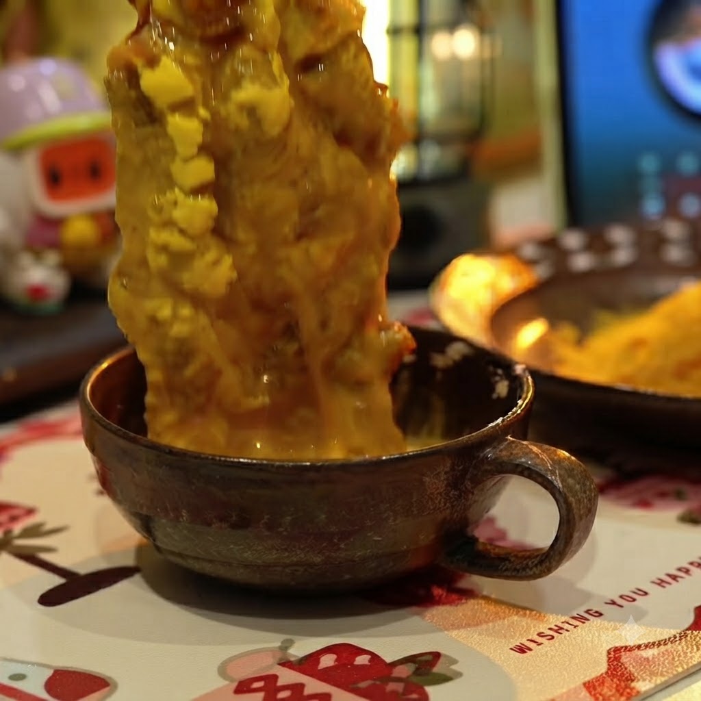 Un trozo de chuleta de cerdo siendo sumergido en una taza marrón llena de huevo batido amarillo.